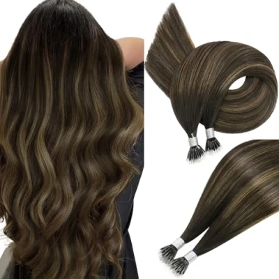 Abbildung von Easyouth Nanoring Haarverlängerung Echthaar 40 cm 50 Stück 50g Farbe Dunkelstes Braun Aschbraun und Mischen Pre B0nded Haarverlängerungen Nano Ring #2/8/2
