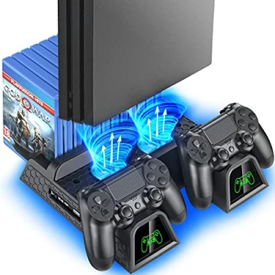 Abbildung von OIVO PS4 Standfuß, Lüfter, Kühler mit Controller Ladestation für Playstation 4/PS4 Pro/Slim, Halterung Ladestation, Ständer Lüfter 12 Spiele Lagerung