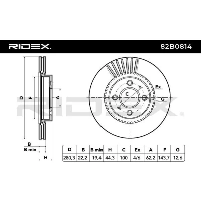 Abbildung von RIDEX 82B0814 Bremsscheibe Vorderachse 280, 280,0 22 4 100 innenbelüftet KIA: RIO III Kasten / Schrägheck, 3 Stufenheck,