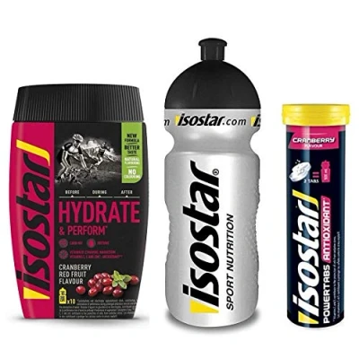 Abbildung von Isostar Hydrate &amp; Perform Iso Drink 400 g isotonisches Getränkepulver Elektrolyt Pulver zur Unterstützung der sportlichen Leistungsfähigkeit 1 x Cranberry + 1x Tabs 0,5 Liter Flasche