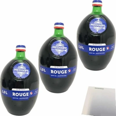 Abbildung von Medinet Rouge Rotwein halbtrocken rot vollmundig fruchtig 12% vol. 3er Pack (3x1 Liter Flasche) + usy Block