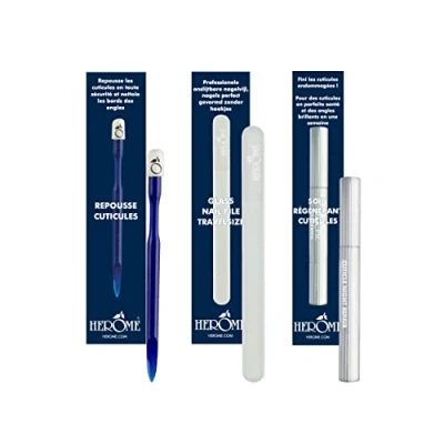 Abbildung von Herome Combi Pack Nagelhautschieber, Glasnagelfeile Taschenformat &amp; Nagelhaut Wonderpen (Cuticle Pusher, Glass Nail File Travel Size Cuticle Night Repair (Wonderpen)) Pflege Manicure Set