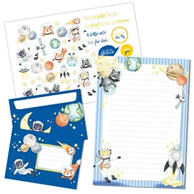 Abbildung von Papierdrachen Briefblock Set 50 bunt bedruckte Briefbögen Briefpapier mit Stickerbogen 20 Umschläge Geschenkidee für Kinder Astronauten
