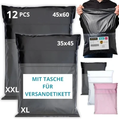 Abbildung von EMBALLAX 12 Versandtaschen MIT TASCHE FÜR VERSANDETIKETT 2 Größen XL/XXL WIDERSTANDSFÄHIG/WASSERDICHT Versandtüten für Kleidung Warensendung Umschlag Kartons Versandbeutel A4