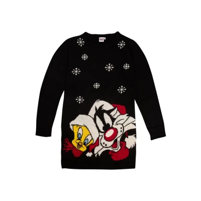 Abbildung von Looney Tunes FÜR Sylvester UND Tweety Weihna Strickkleid, Damen, Größe: Medium, Schwarz