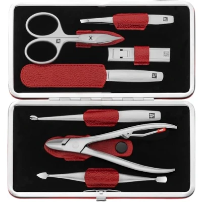 Abbildung von ZWILLING Maniküreset (7 Teilig, umfassende Nagelpflege und Pediküre, Echt Leder Etui, Präzise, Geschenkset, mit Nagelzange), Premium, Rot