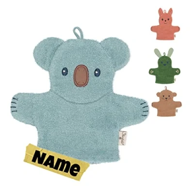 Abbildung von Sterntaler Waschlappen Kinder personalisiert Waschhandschuh Frottee mit Namen bestickt 100% BIO Baumwolle Baby Geschenke (Kalla Koala mint)