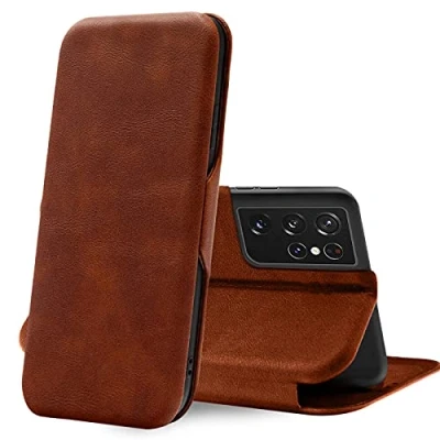 Abbildung von Verco Handyhülle für Samsung S21 Ultra, Bookstyle Premium Handy Flip Cover Galaxy Ultra Hülle [integr. Magnet] Book Case PU Leder Tasche, Braun