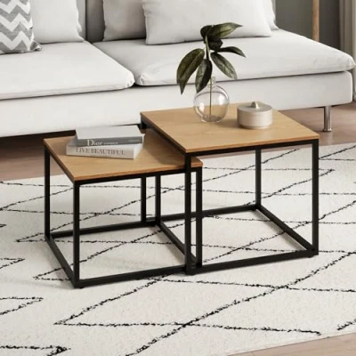 Abbildung von Home Collective Couchtisch 2er Set mit Metallgestell, Wohnzimmertisch Modern (Beistelltisch 2 in 1 Büro Beistelltisch Loft Design TWIN, kratzfeste Oberfläche), Quadratisch Eiche hell, für Wohnzimmer