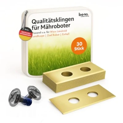 Abbildung von BEOS® 30 x Premium Titan Ersatzmesser + Schrauben mit Sicherung Ersatzklingen für Premiummarken Worx, LandXcape, Zoef Robot, Einhell, Kress 0,9 mm Blattstärke langes Rasenmäher Vergnügen
