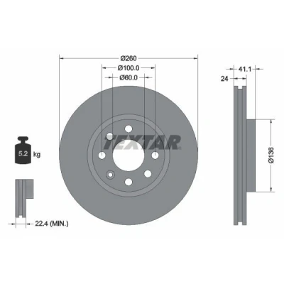 Abbildung von TEXTAR PRO 92111103 Bremsscheibe 260 24 04/07 100 innenbelüftet beschichtet ohne Radbefestigungsbolzen, Radnabe OPEL: Meriva A, Tigra Twintop