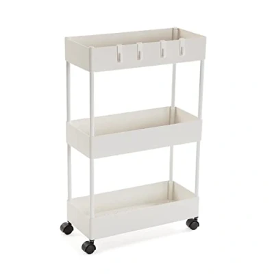 Abbildung von Versa Skuvoy Badezimmer Hilfsmöbel, Aufbewahrungswagen oder Karren, mit 3 Einlegeböden und Laufrollen, Maßnahmen (H x L B) 63,5 18 40 cm, ABS Kunststoff, Farbe: Weiß