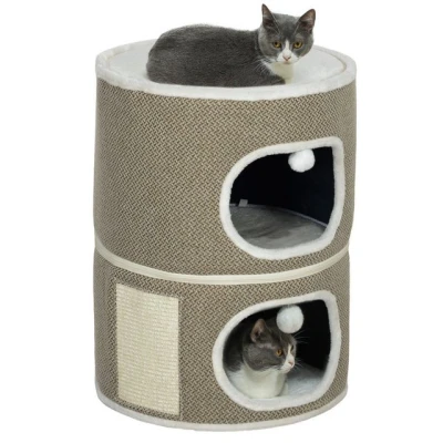 Abbildung von PawHut Kratztonne 69 cm hoch, mit 2 Höhle, Spielbällen, aus Sisal, (Katzentonne, 1 tlg., Katzenbaum), für Katze bis 6 kg, Kaffeebraun+Cremeweiß