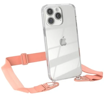 Abbildung von EAZY CASE Hülle mit Band kompatibel iPhone 15 Pro Max Handyhülle Umhängeband für Silikonhülle Transparent Schutzhülle Handykette zum Umhängen Handykordel in Rosa Coral