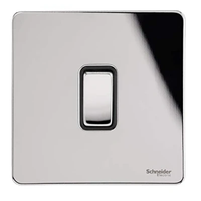 Abbildung von Schneider Electric Ultimate einzelner Kippschalter, schraubenlose flache Platte, 2 Wege Lichtschalter, einpolig, 16AX, GU1412BPC, poliertes Chrom mit schwarzem Einsatz