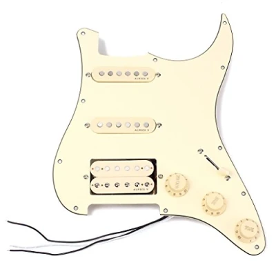 Abbildung von Alnicov Pickguard Humbucker Tonabnehmer für Strat ST E Gitarre, 3 lagig, SSH geladen, vorverdrahtet, cremefarben