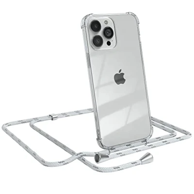 Abbildung von EAZY CASE Handykette kompatibel mit iPhone 13 Pro Max Handyhülle Umhängeband, Handykordel Schutzhülle, Silikonhülle, Hülle Band, Stylische Kette für Smartphone, Weiß/Silber