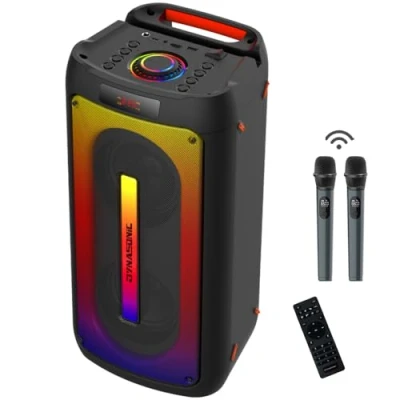 Abbildung von DYNASONIC D30 Kabelloser Lautsprecher für draußen. Tragbarer Bluetooth Lautsprecher. Drahtlose Stereoanlage. Leistungsstarker Sound Player mit integrierter LED Beleuchtung. Micro SD, FM Radio, USB