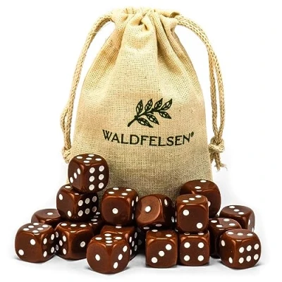 Abbildung von Waldfelsen 6, 12, 20, 30 oder 50 hochqualitative Würfel Standardgröße 16 mm Acrylwürfel Knobel Spielwürfel Dice 6 seitig sechsseitig Spielzubehör Set mit Stoffbeutel (Braun, 20 Stück)