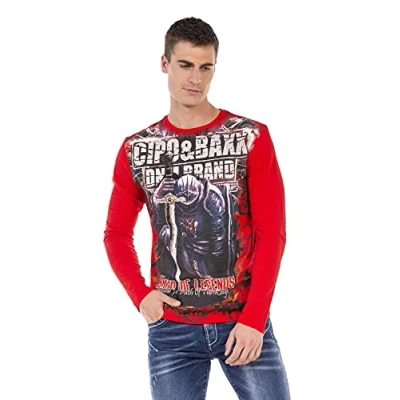Abbildung von Cipo &amp; Baxx Herren Langarmshirt Rundhals Print Longsleeve Longshirt Sweatshirt CL452 Rot XXL