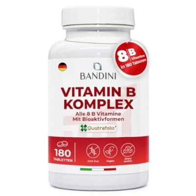 Abbildung von Bandini® Vitamin B Complex High Dose 180 Tabletten mit bioaktiven Formen Quatrefolic® Premium Folsäure Komplex allen 8 Vitaminen Vegan 1 Tablette/Tag für 6 Monate Versorgung