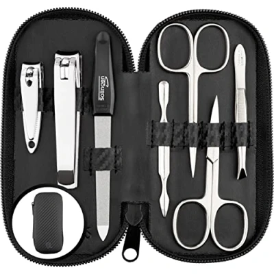 Abbildung von Maniküre Set Solingen Vergleichssieger mit Top Preis/Leistung Kunst Leder Etui handlich und weich 7teiliges Nagelset für Damen Herren marQus aus glanzvernickeltem poliertem Stahl