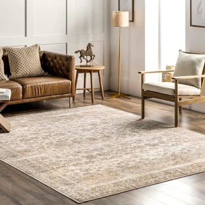 Abbildung von nuLOOM Deadra Teppich mit Blumenmuster, maschinenwaschbar, 1,5 x 2,4 m, Beige