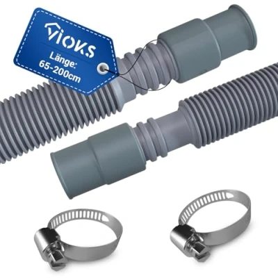 Abbildung von VIOKS Set Flexibler Ablaufschlauch Waschmaschine Ausziehbar 65 200cm 19/21mmØ + 2x Schlauchschelle 18/28mmØ Waschmaschinenschlauch Verlängerung Abwasserschlauch Spülmaschine
