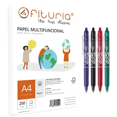 Abbildung von A4 Packung, 80 g, 250 Blatt, weiß, Multifunktionspapier für Schule und Laboral, mit 4 Pilot Frixion Clicker, löschbar (blau, schwarz, rot grün)…