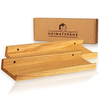 Abbildung von Heimatspäne 2er Set Bilderleiste Holz 40cm Echtes Eichenholz, freischwebende Regalbretter inkl. Schraubenabdeckung aus Echtholz handgemachtes Wandregal, Holzregal Eiche massiv