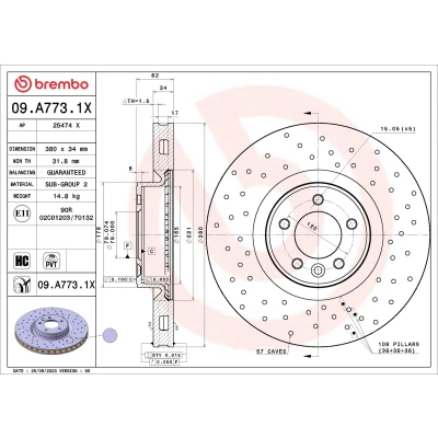 Abbildung von BREMBO Bremsscheibe LAND ROVER: Range Rover Sport, 4 380mm 34mm 5 gelocht/innenbel. beschichtet hochgekohlt 09.A773.1X
