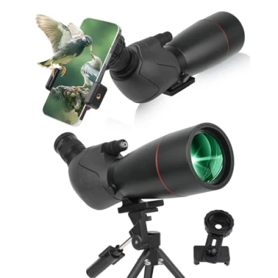 Abbildung von 25 75x70 HD Spektiv Sportschützen mit Stativ und Smartphone Adapter, Zoom Bak4 Prism FMC Lens 45 Grad abgewinkelte Teleskop für Vogelbeobachtung Wildlife Scenery Jagd Wildtiere Stargazing (Black)