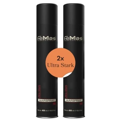 Abbildung von FemMas Haarspray Ultra Stark 400 ml I Stylingspray für Volumen &amp; Glanz Haar Spray starken Halt natürliches Finish ohne Verkleben Strong Hairspray alle Haartypen 2 Stück