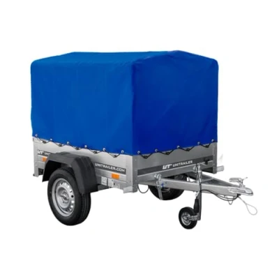Abbildung von UNITRAILER PKW Anhänger 150 Kipp, 150x106 cm, mit Blauer Hochplane, Hochspriegel und Stützrad Aufbau, Auto