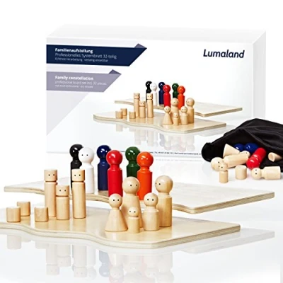 Abbildung von Lumaland Familienbrett für Aufstellungen mit 30 Holzfiguren Systemisches Coaching durch unterschiedliche Farben, Größen und Formen der Figuren Ideal Familienaufstellungen etc.