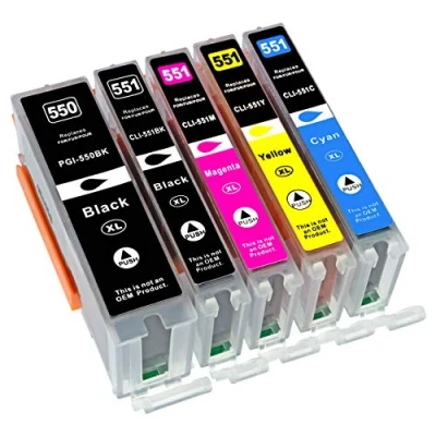 Abbildung von ESMONLINE 5 komp. XL Druckerpatronen Canon Pixma MG5450 MG5550 MG5650 MG5655 MG6350 MG6450 MG6650 MG7100 MG7150 MG7550 MX725 MX925 iP7200 iP7250 iP8750 iX6850 (PGI 550/CLI 551)
