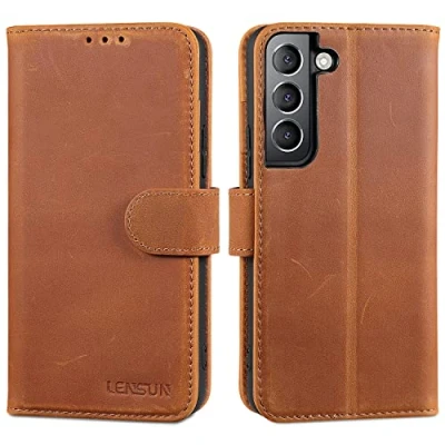 Abbildung von LENSUN Echtleder Hülle für Samsung Galaxy S22, Handyhülle Echt Leder [Magnetverschluss] [RFID Schutz] Handytasche Lederhülle S22 5G Vintage Braun