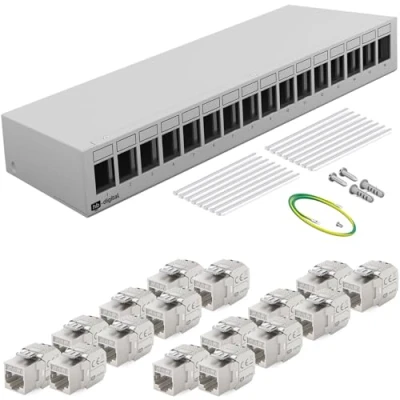 Abbildung von HB DIGITAL 16 Port Patchpanel Patchfeld Verteilerfeld 1 HE 16x CAT 7 RJ45 Keystone Jack Modul vollgeschirmt STP 10 Gbps Kompatibel mit Verlegekabel Netzwerkkabel Ethernet LAN Hellgrau