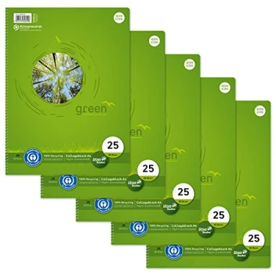 Abbildung von Staufen Green Collegeblock DIN A4, Lineatur 25 (9mm liniert mit Rand), 80 Blatt, 4 fach Lochung, premiumweißes 70g/m² Recyclingpapier, 5 Stück