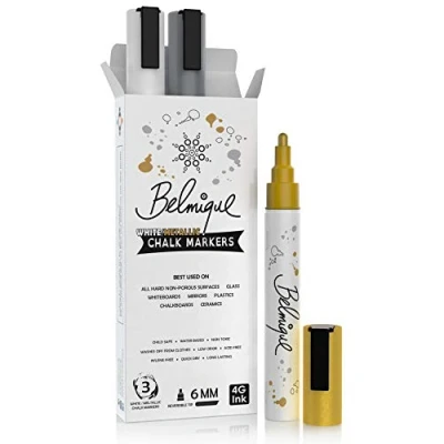 Abbildung von Belmique Malkreide Kreidemarker, (3er Pack, Ideal als Kreidestifte, Tafelstifte, Folienstifte, Fensterstifte), Gold, Silber, Weiß