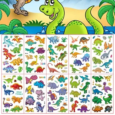 Abbildung von 10 Blätter Dinosaurier Tattoo Kinder, Temporäre Tattoos für Dino Mitgebsel Kindergeburtstag, Cartoon Kindertattoos, Wasserdichte Sticker Tatoos Aufkleben Mädchen Jungen Party Spielspass