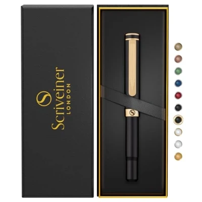 Abbildung von Scriveiner Schwarzer Kugelschreiber EDC Luxus Stift, toller Taschenfüller mit 24K Gold, Cooler Schreibstift, Geschenk für Mann Frau, Deutsche Schmidt Mine, Ausgefallenes Büro Designer Schreibset
