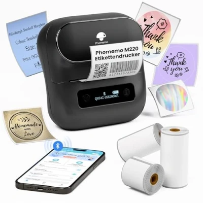 Abbildung von Phomemo M220 Etikettendrucker Selbstklebend Mobile Thermo Etiketten Drucker,Tragbarer Bluetooth Etikettenhersteller für Barcode,Zuhause und Büro Schule Etikettierung,für Android &amp; iOS
