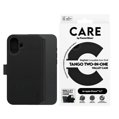 Abbildung von Apple iPhone 16 Plus Hülle MagSafe Kunstleder PanzerGlass Klapphülle/2 in 1 Case Handyhülle Schwarz Shockproof/Stoßfest