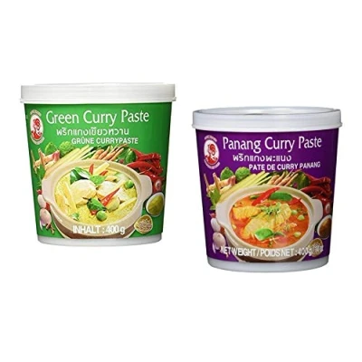 Abbildung von Cock Brand Probierset Currypasten 2er Pack (2 x 400g) 2 Sorten, je 1 Dose Grün, Panang Currypaste