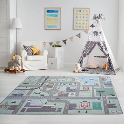 Abbildung von Feeti Floor Neu Pastell Spielteppich Straße 1,5 x 1,0 m Ökotex 100, geruchsneutral, Antirutsch hochwertiger Teppich Kinderzimmer/Kinderteppich/Autoteppich