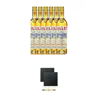 Abbildung von Lillet Blanc Weinaperitif Frankreich 6 x 0,75 Liter + Schiefer Glasuntersetzer eckig ca. 9,5 cm Ø 2 Stück