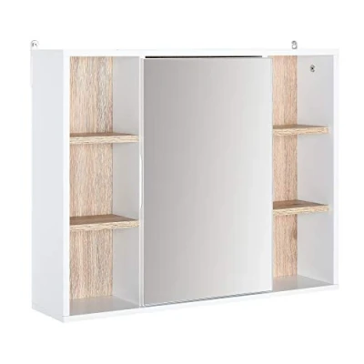 Abbildung von HOMCOM Spiegelschrank Badschrank Hängeschrank Wandschrank mit Spiegel Badmöbel Mehrzweckschrank 6 offenen Ablagen, Spanplatte+MDF, Weiß + Natur 60 x 14,5 49,4 cm