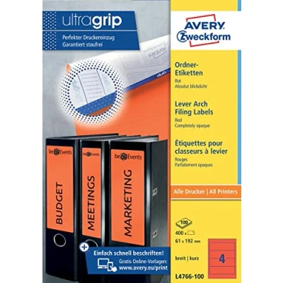 Abbildung von AVERY Zweckform L4766 100 Ordnerrücken Etiketten (400 Rückenschilder mit ultragrip, 61x192mm auf A4, breit/kurz, selbstklebend, absolut blickdicht, bedruckbare Ordneretiketten) Blatt, rot