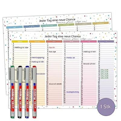 Abbildung von TOBJA Wandkalender Immerwährender Kalender A4 abwischbar +4 Stifte, Geburtstagskalender Dauerkalender